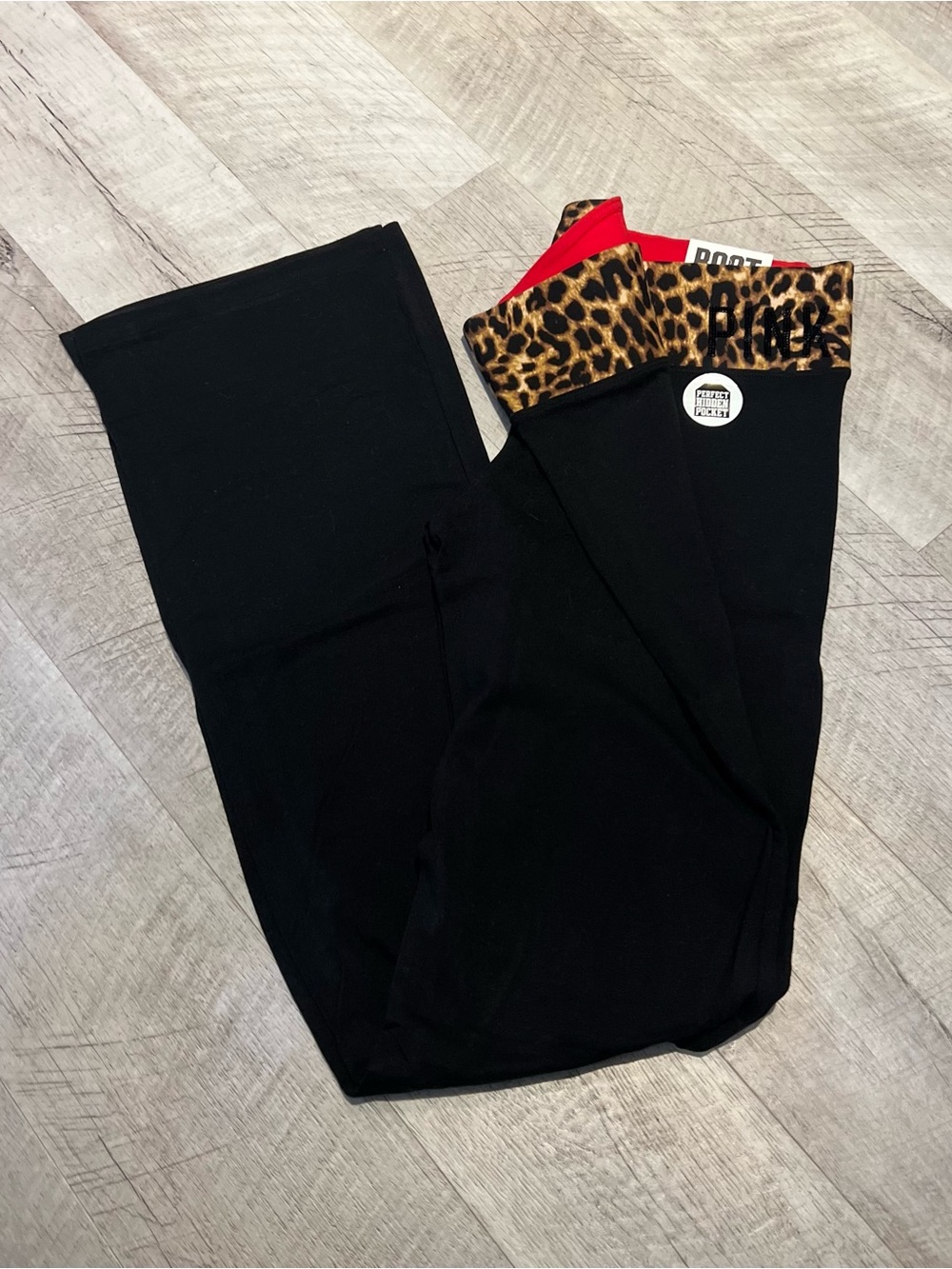 PINK Victoria's Secret Black Leggings with Leopard Cuff and Red Trim